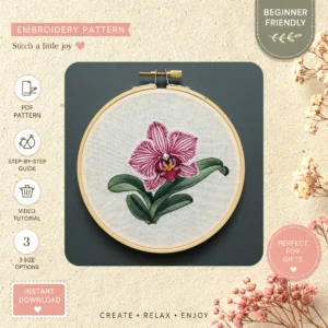 Main preview of floral pink orchid craft hand embroidery pattern showing floral, leaf, orchid, and home in a hand stitched hoop art design