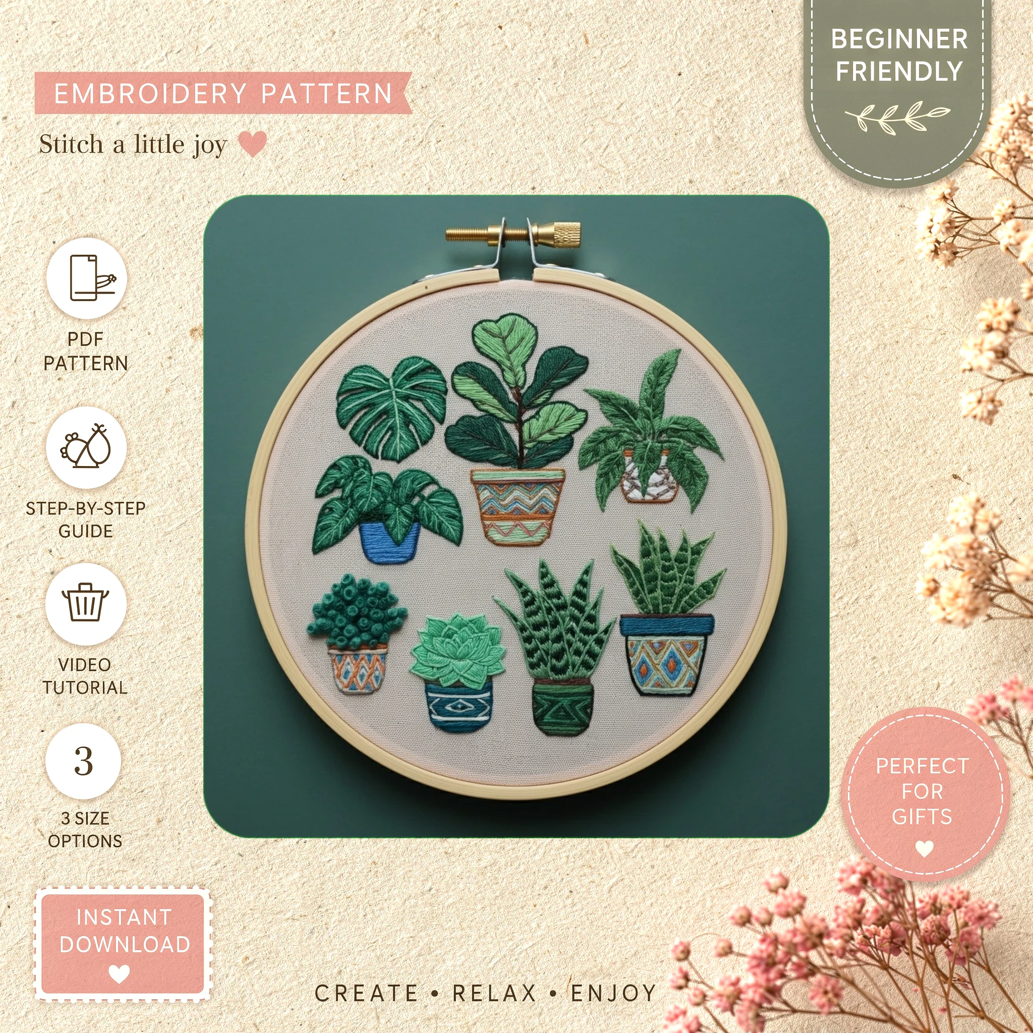 Main preview of floral plant potted plants hand embroidery pattern showing flowers, floral, and nature in a hand stitched hoop art design