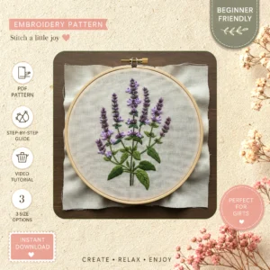 Main preview of floral purple painted lilies hand embroidery pattern showing floral and lilies in a hand stitched hoop art design