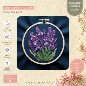 Main preview of floral purple pansies lavender hand embroidery pattern showing flower, flowers, floral, bouquet, and pansies in a hand stitched hoop art design