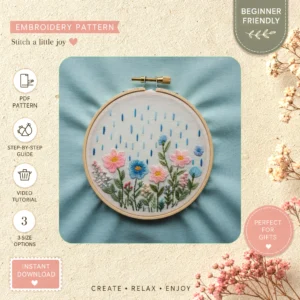 Main preview of floral raindrop meadow under hand embroidery pattern showing flowers, floral, meadow, and sky in a hand stitched hoop art design