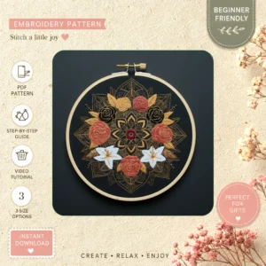Main preview of floral red yellow flowers hand embroidery pattern showing flowers, floral, bouquet, leaves, and nature in a hand stitched hoop art design
