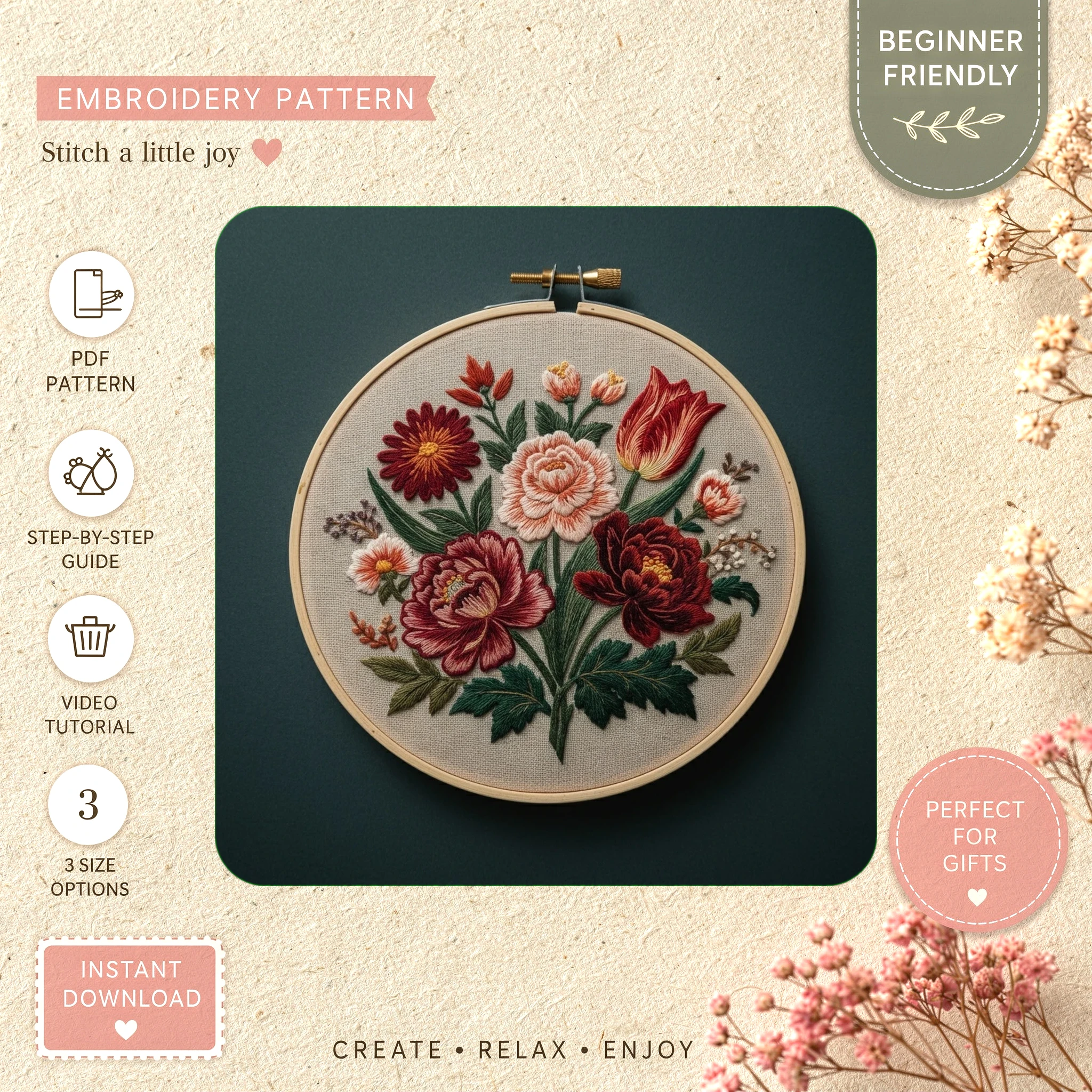 Main preview of floral red yellow pink hand embroidery pattern showing flowers, floral, bouquet, and home in a hand stitched hoop art design