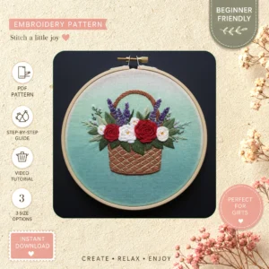 Main preview of floral rose bouquet showcasing hand embroidery pattern showing flower, floral, bouquet, rose, and home in a hand stitched hoop art design