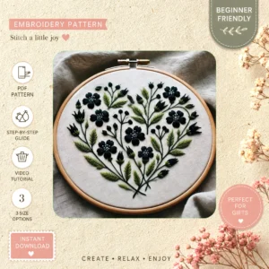 Main preview of floral serene flowers leaves decoration hand embroidery pattern showing flowers, floral, and leaves in a hand stitched hoop art design