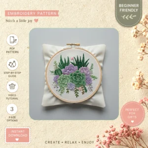 Main preview of floral serene flowers leaves hand embroidery pattern showing flowers, floral, leaves, sky, and nature in a hand stitched hoop art design