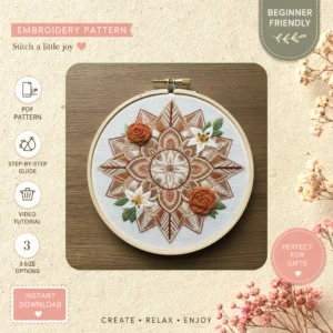Main preview of floral sun mandala embrace hand embroidery pattern showing floral, nature, and sun in a hand stitched hoop art design