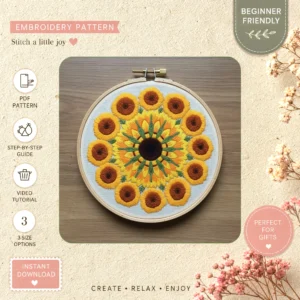 Main preview of floral sunburst vibrant flower hand embroidery pattern showing flower, flowers, floral, nature, and sun in a hand stitched hoop art design