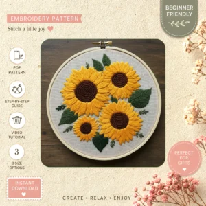 Main preview of floral sunflower nature inspired hand embroidery pattern showing floral, sunflower, and nature in a hand stitched hoop art design