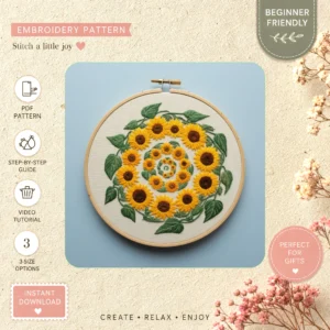 Main preview of floral sunflower vibrant sunflowers hand embroidery pattern showing floral, sunflower, and nature in a hand stitched hoop art design