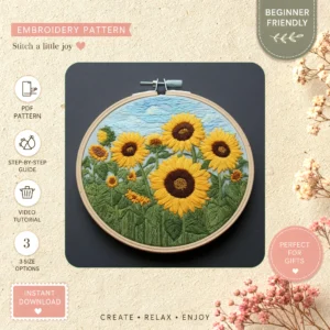 Main preview of floral sunflower vibrant surrounded hand embroidery pattern showing floral, sunflower, and sky in a hand stitched hoop art design