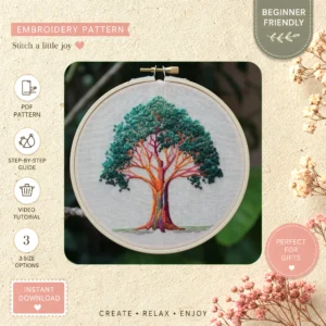 Main preview of floral tree its roots hand embroidery pattern showing floral, tree, and nature in a hand stitched hoop art design