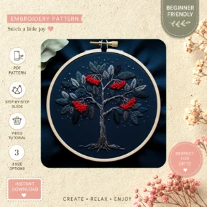 Main preview of floral tree nature inspired crafting hand embroidery pattern showing flowers, floral, tree, nature, and home in a hand stitched hoop art design