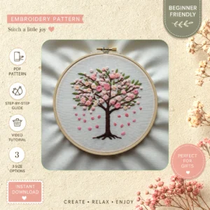 Main preview of floral tree nature inspired hand embroidery pattern showing flower, flowers, floral, tree, and nature in a hand stitched hoop art design