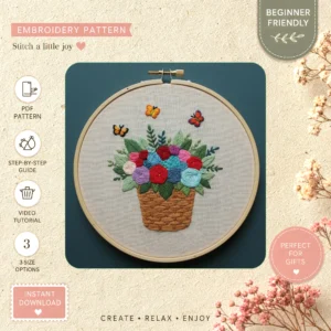 Main preview of floral vase bouquet flowers hand embroidery pattern showing birds, flowers, floral, bouquet, and nature in a hand stitched hoop art design