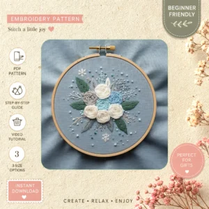 Main preview of floral vibrant bouquet leaves hand embroidery pattern showing flowers, floral, bouquet, leaves, and nature in a hand stitched hoop art design