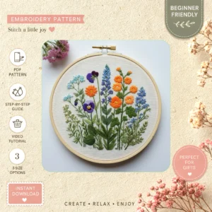 Main preview of floral vibrant bouquet poppies hand embroidery pattern showing flowers, floral, and bouquet in a hand stitched hoop art design