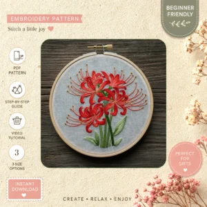 Main preview of floral vibrant bunch red hand embroidery pattern showing flowers, floral, leaves, and nature in a hand stitched hoop art design