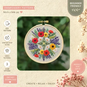 Main preview of floral vibrant flowers nature hand embroidery pattern showing flowers, floral, foliage, garden, and nature in a hand stitched hoop art design