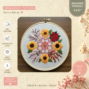 Main preview of floral vibrant leaf nature hand embroidery pattern showing floral, blossoms, leaf, leaves, and nature in a hand stitched hoop art design