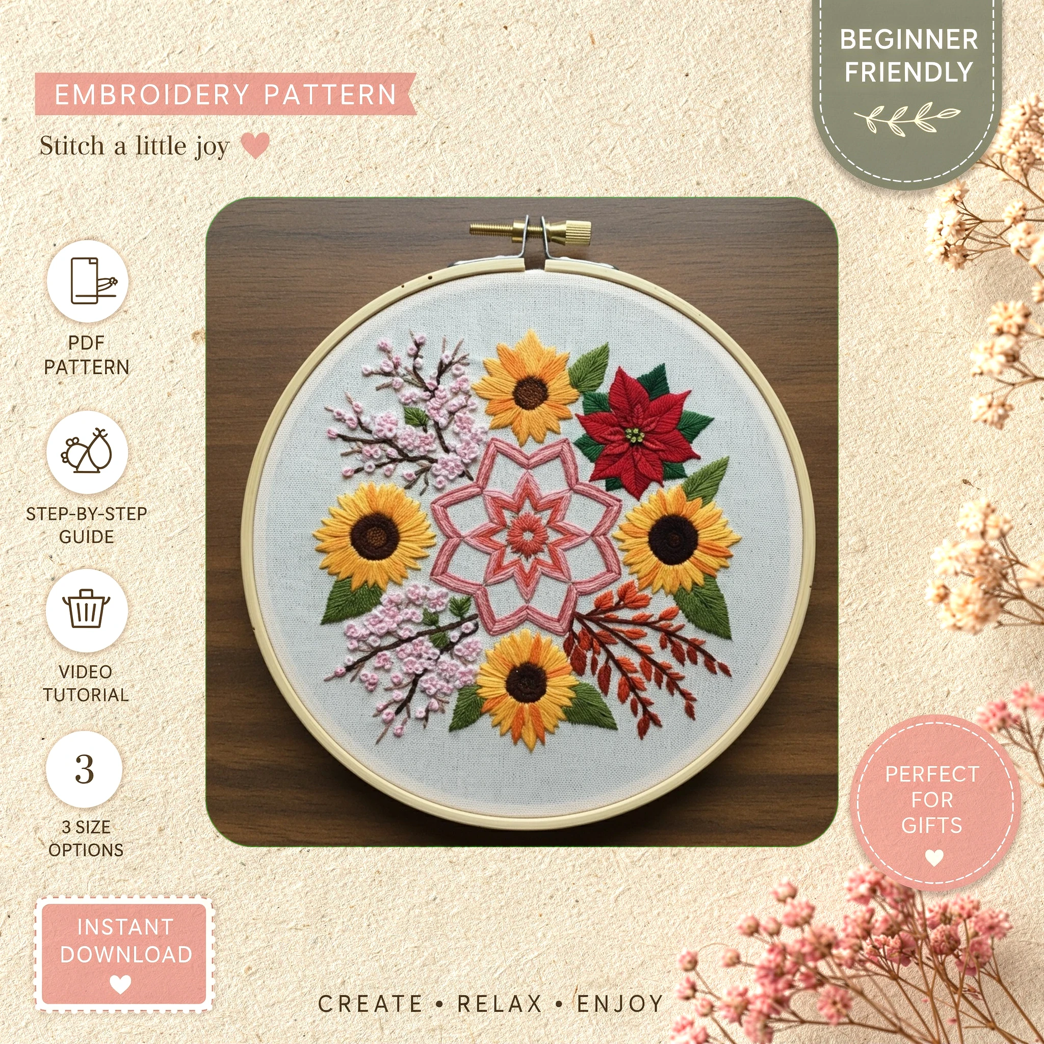 Main preview of floral vibrant leaf nature hand embroidery pattern showing floral, blossoms, leaf, leaves, and nature in a hand stitched hoop art design