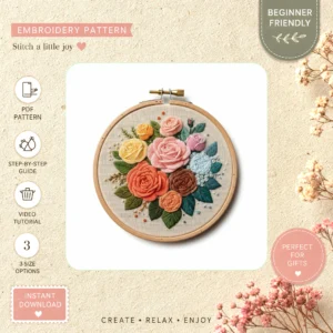 Main preview of floral vibrant nature inspired colorful hand embroidery pattern showing flowers, floral, and nature in a hand stitched hoop art design