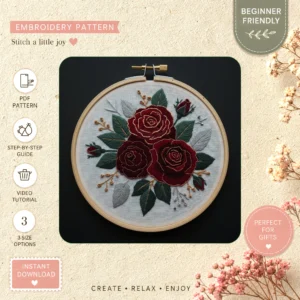 Main preview of floral vibrant nature inspired hand embroidery pattern showing flowers, floral, roses, foliage, and nature in a hand stitched hoop art design