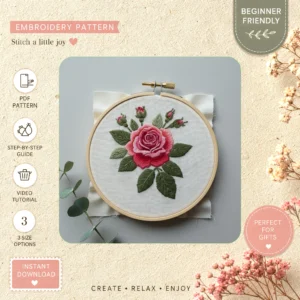 Main preview of floral vibrant rose pink hand embroidery pattern showing floral, rose, and leaves in a hand stitched hoop art design