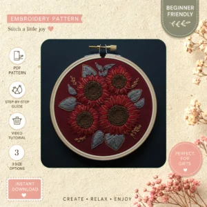 Main preview of floral vibrant sunflowers red hand embroidery pattern showing floral, bouquet, blossoms, and nature in a hand stitched hoop art design