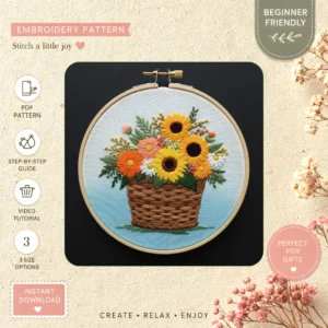 Main preview of floral vintage bouquet sunflowers hand embroidery pattern showing flowers, floral, bouquet, baby’s, and breath in a hand stitched hoop art design