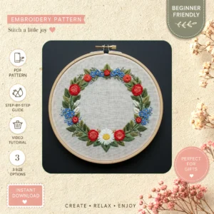 Main preview of floral wreath elevate nature hand embroidery pattern showing flowers, floral, wreath, and nature in a hand stitched hoop art design