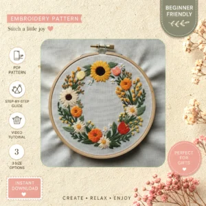 Main preview of floral wreath flowers leaves hand embroidery pattern showing flowers, floral, leaves, wreath, and nature in a hand stitched hoop art design