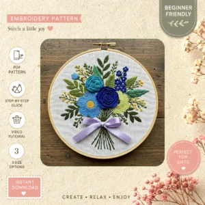 Main preview of floral wreath nature flowers hand embroidery pattern showing flowers, floral, leaves, wreath, and nature in a hand stitched hoop art design