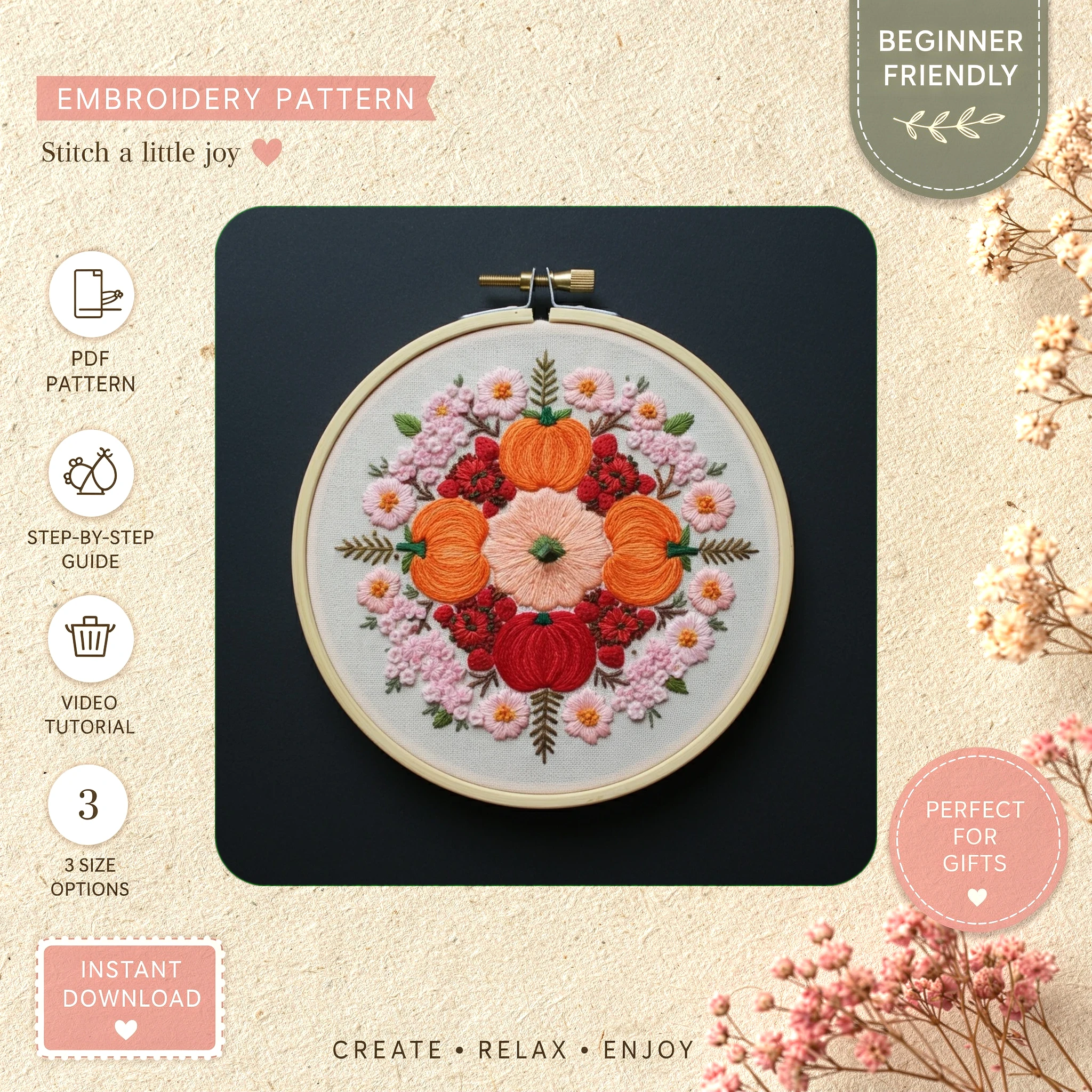 Main preview of floral wreath nature inspired brighten hand embroidery pattern showing flowers, floral, wreath, foliage, and nature in a hand stitched hoop art design