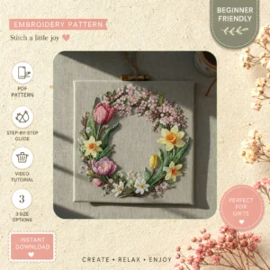 Main preview of floral wreath nature inspired flowers hand embroidery pattern showing flowers, floral, daisies, blossoms, and leaves in a hand stitched hoop art design