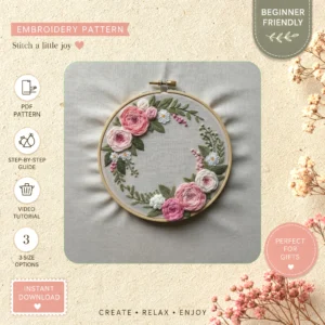 Main preview of floral wreath nature inspired hand embroidery pattern showing flowers, floral, roses, daisies, and wreath in a hand stitched hoop art design