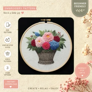 Main preview of flower basket floral realistic hand embroidery pattern showing flower, flowers, floral, and bouquet in a hand stitched hoop art design