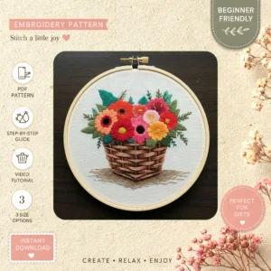 Main preview of flower bouquet cozy wicker hand embroidery pattern showing flower, flowers, floral, bouquet, and foliage in a hand stitched hoop art design