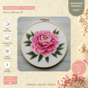 Main preview of flower pink peony leaves hand embroidery pattern showing flower, peony, leaves, and nature in a hand stitched hoop art design