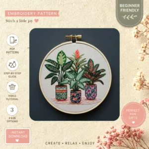 Main preview of flower pots plants nature hand embroidery pattern showing flower, leaves, botanical, nature, and home in a hand stitched hoop art design