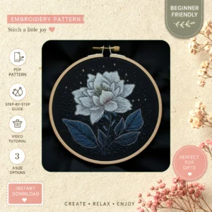 Main preview of flowering tree blue flowers hand embroidery pattern showing flowers, leaves, tree, and nature in a hand stitched hoop art design