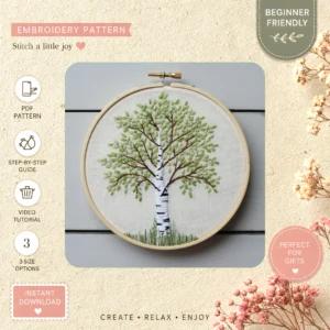 Main preview of flowering tree pastel flowers hand embroidery pattern showing flowers, tree, and nature in a hand stitched hoop art design