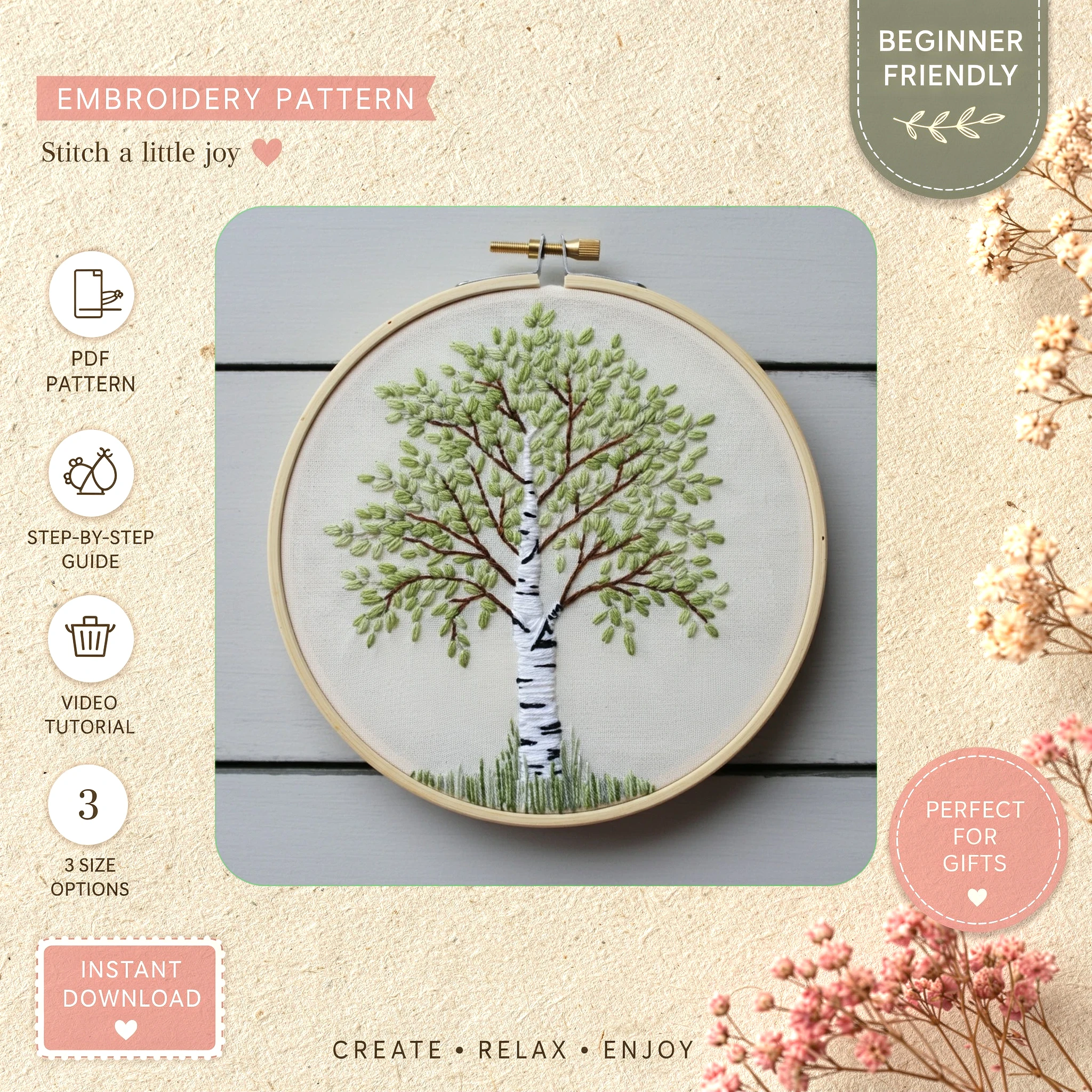 Main preview of flowering tree pastel flowers hand embroidery pattern showing flowers, tree, and nature in a hand stitched hoop art design