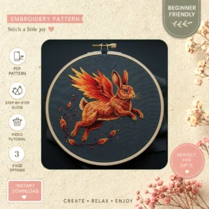 Main preview of flying bunny whimsical nature hand embroidery pattern showing bunny, sky, and nature in a hand stitched hoop art design