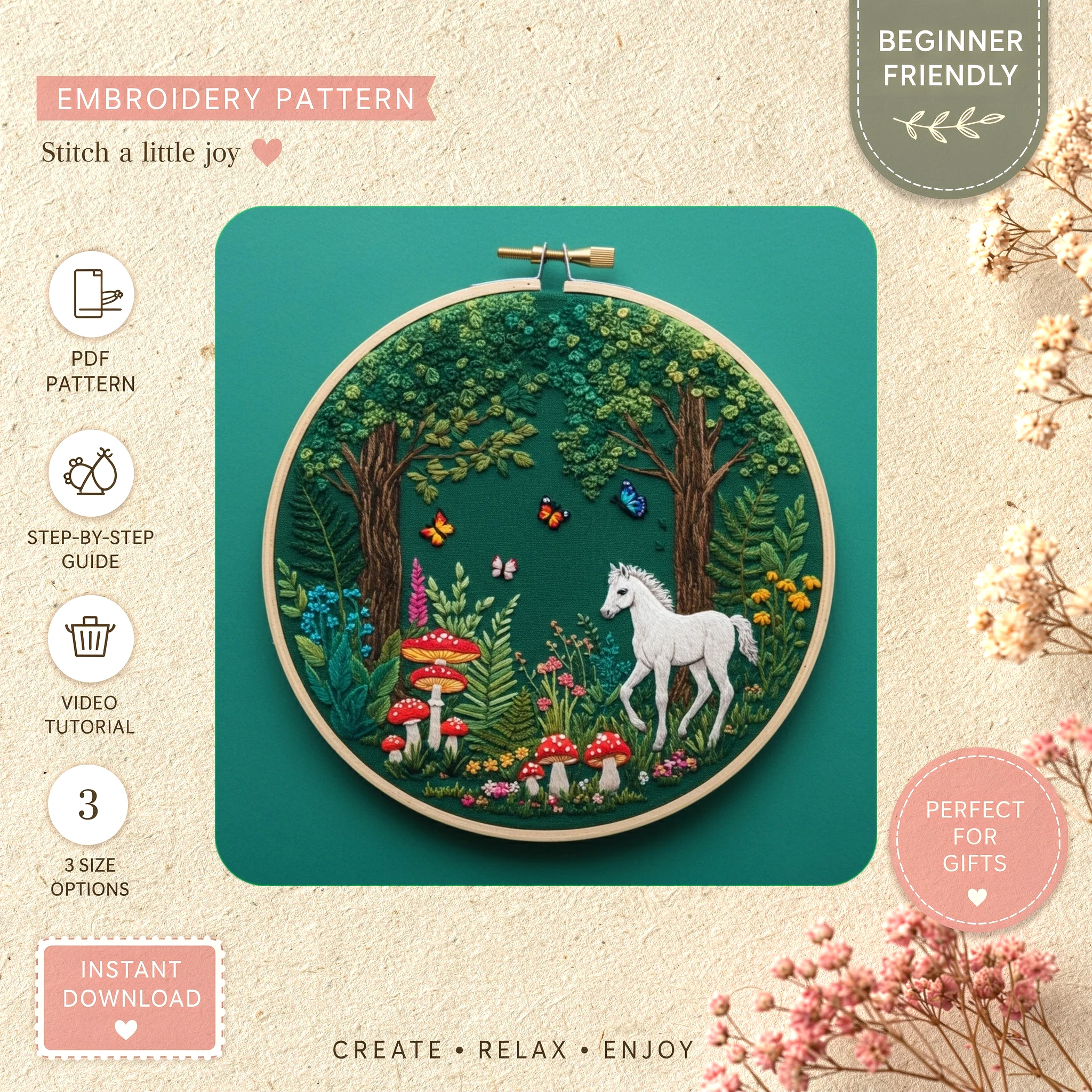 Main preview of forest birds flowers craft hand embroidery pattern showing birds, flowers, forest, woods, and nature in a hand stitched hoop art design
