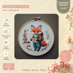 Main preview of fox explorer nature adventure hand embroidery pattern showing fox, flowers, and nature in a hand stitched hoop art design
