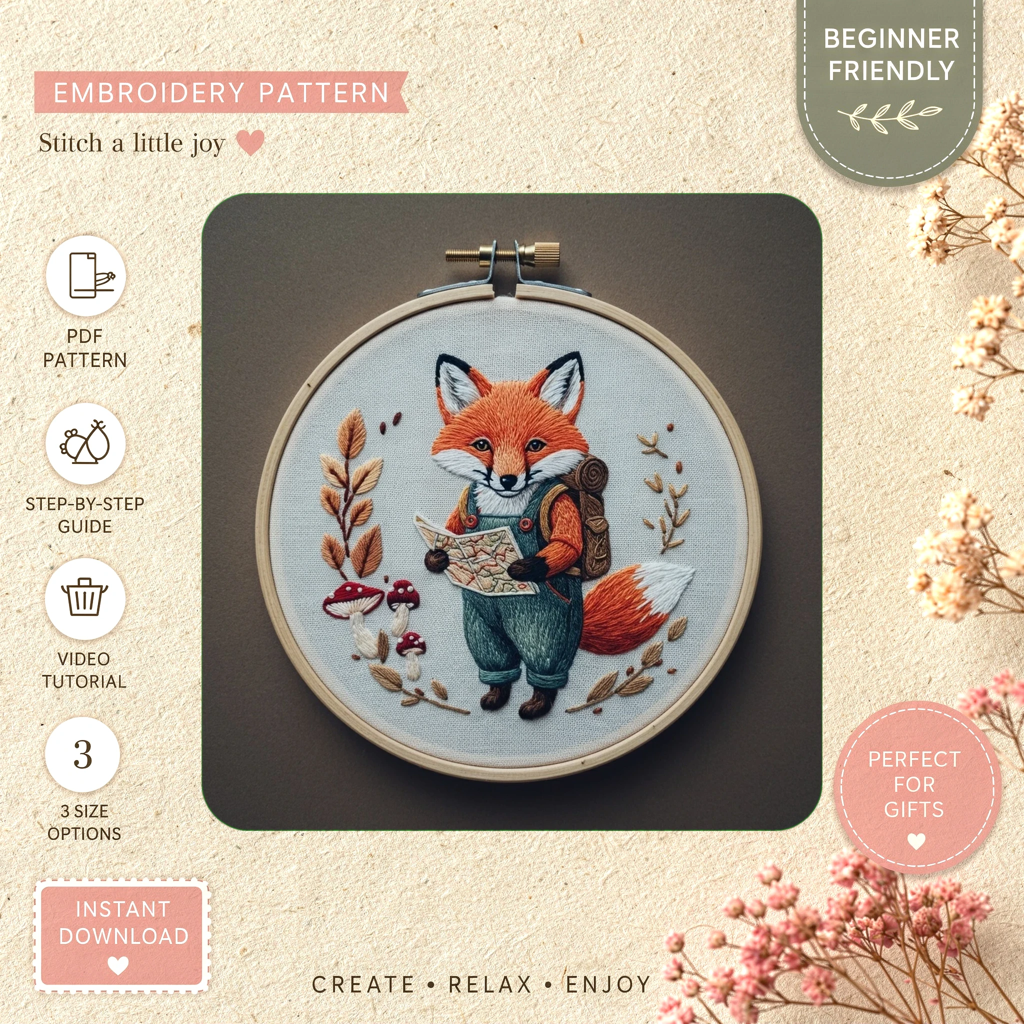 Main preview of fox explorer nature adventure hand embroidery pattern showing fox, flowers, and nature in a hand stitched hoop art design