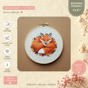 Main preview of fox fall cozy autumn hand embroidery pattern showing fox, flower, flowers, and leaves in a hand stitched hoop art design