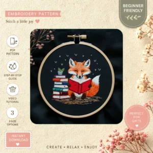 Main preview of fox reading book surrounded hand embroidery pattern showing fox and nature in a hand stitched hoop art design