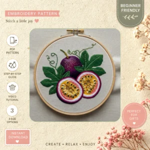 Main preview of fresh floral vibrant fruit hand embroidery pattern showing flowers, floral, and leaves in a hand stitched hoop art design